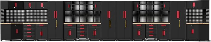 35PCS Garage Storage Cabinet System, Garage Cabinets and Storage System Corner Workshop Set with Corner Cabinet,Cabinet Drawers, Workbench, Pegboard for Tool Organization, Black Red