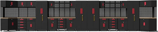 35PCS Garage Storage Cabinet System, Garage Cabinets and Storage System Corner Workshop Set with Corner Cabinet,Cabinet Drawers, Workbench, Pegboard for Tool Organization, Black Red