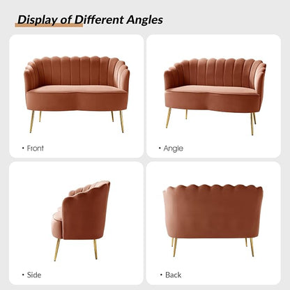 Velvet Upholstered Loveseat Sofa with Gold Metal Legs, Modern Comfy Small Love Seat with Flower Shaped Back, 2-Seater Sofa Accent Couch for Living Bedroom Leisure Areas, Coral