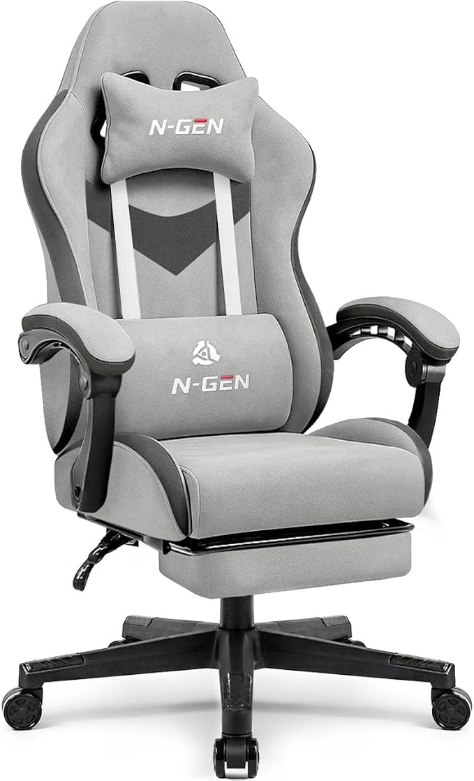 N-GEN GAMING Video Gaming Chair with Footrest Lumbar Support for Home Office High Back Recliner Height Adjustable Ergonomic Comfy Fabric Computer Desk Chair (Grey)