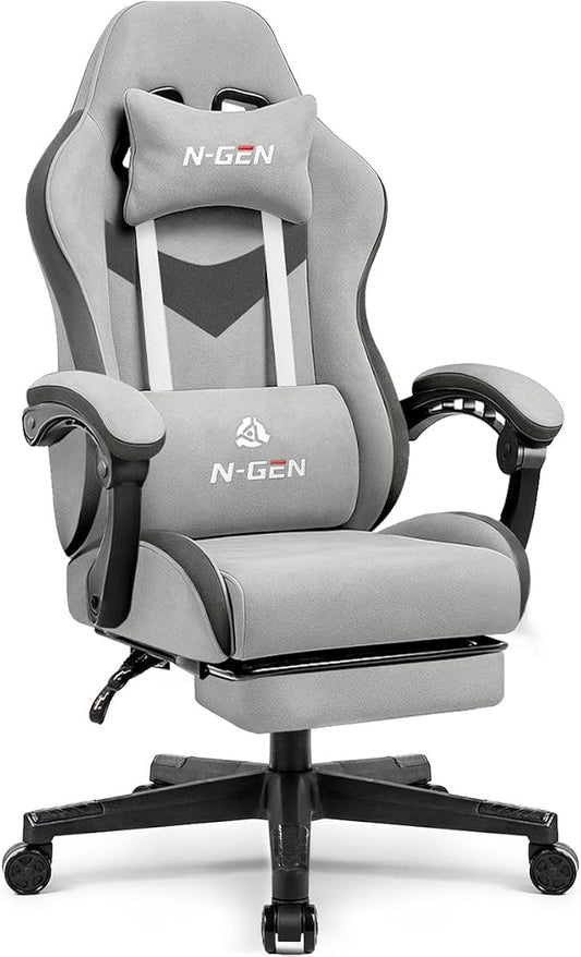 N-GEN GAMING Video Gaming Chair with Footrest Lumbar Support for Home Office High Back Recliner Height Adjustable Ergonomic Comfy Fabric Computer Desk Chair (Grey)