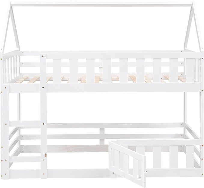 SOFTSEA Bunk Bed Twin Over Twin, Solid Wood House Bunk Bed Frame with Ladder, Door & Safety Guardrails, Floor Bunk Beds for Kids, Noise Free, Easy Assembly, White