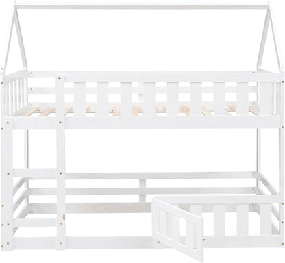 SOFTSEA Bunk Bed Twin Over Twin, Solid Wood House Bunk Bed Frame with Ladder, Door & Safety Guardrails, Floor Bunk Beds for Kids, Noise Free, Easy Assembly, White