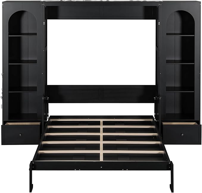 MERITLINE Queen Murphy Bed with Desk and Storage & LED Light, Solid Wood Hideaway Murphy Wall Bed with Storage Shelves Bookcase and Drawers for Adults Bedroom Office Library (Queen,Black)