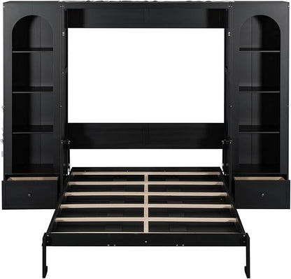 MERITLINE Queen Murphy Bed with Desk and Storage & LED Light, Solid Wood Hideaway Murphy Wall Bed with Storage Shelves Bookcase and Drawers for Adults Bedroom Office Library (Queen,Black)