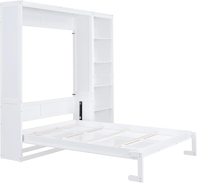 Merax Space-Saving White Murphy Bed Queen Size with Adjustable Storage Shelves, Multifunctional Foldable Wall Bed for Small Spaces Studio Study Office Guest Room