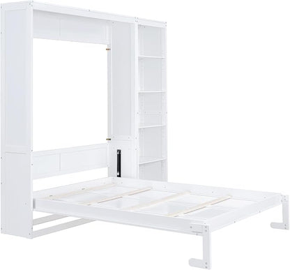 Merax Space-Saving White Murphy Bed Queen Size with Adjustable Storage Shelves, Multifunctional Foldable Wall Bed for Small Spaces Studio Study Office Guest Room