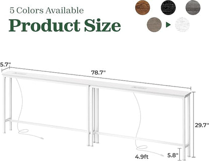 SUPERJARE 5.7 Inch Narrow Console Table with Outlet, Sofa Tables, Total Length 78.8'', Behind Couch Table, Long Entryway Tables with Charging Station, for Living Room, White