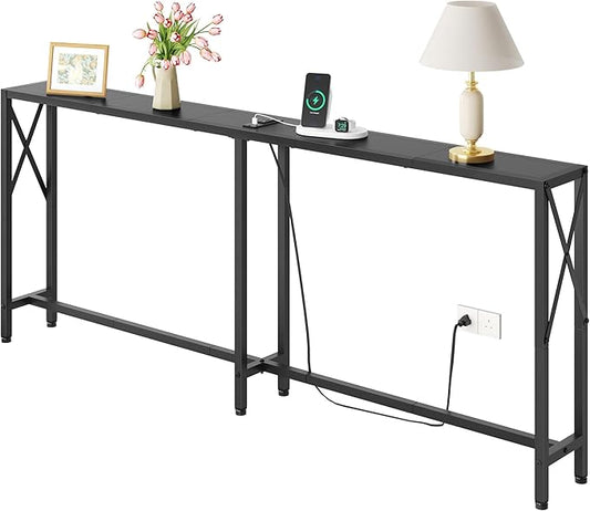 Gewudraw Console Table Narrow Long, Behind Couch Table with Oulets & USB Ports, Industrial Long Skinny Stand for Entryway,Hallway, Living Room, Bedroom Black, 7.9" D x 70" W x 30.3" H