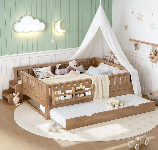 Bellemave Queen Size Kids Bed with high Rails and with Built-in Bookshelf and Trundle for Kids, Girls, Boys, Wood Montessori Bed Without Door, Natural