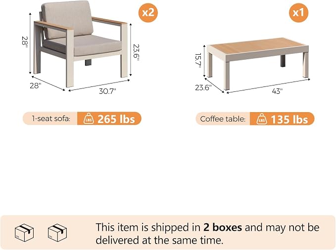 3-Piece Balcony Patio Furniture Set, Aluminum Outdoor Chair Set with 2 Single Patio Chairs & Coffee Table, 1.5mm Thick Rustproof Frame, Waterproof Removable Cushions for Small Balcony Front Porch
