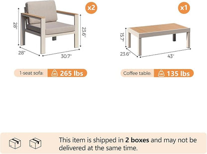 3-Piece Balcony Patio Furniture Set, Aluminum Outdoor Chair Set with 2 Single Patio Chairs & Coffee Table, 1.5mm Thick Rustproof Frame, Waterproof Removable Cushions for Small Balcony Front Porch