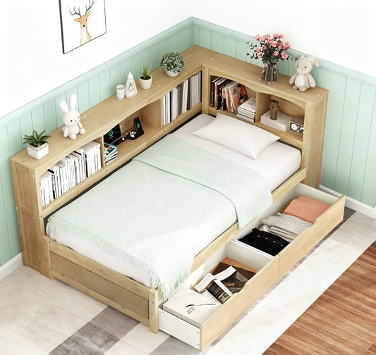 Bellemave Twin Corner Bed Frame with USB Ports, Wood Twin Size Daybed with L-Shaped Bookcase and 2 Drawers，Daybed with Storage Cabinets, Wood Color
