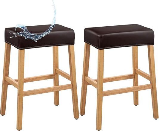 PU Leather Bar Stool Covers Rectangular, 100% Waterproof Stool Covers Rectangle Super Stretch 20% Thicker Leather Saddle Stools Cover Rectangular Counter Bar Stools with Elastic Band (2 PCS, Brown)