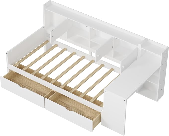 Bellemave Twin Size Corner Bed Frame, Twin Size Corner Beds with Storage Cabinets and Desk, Wood Daybed with Bookcase and Drawers, White