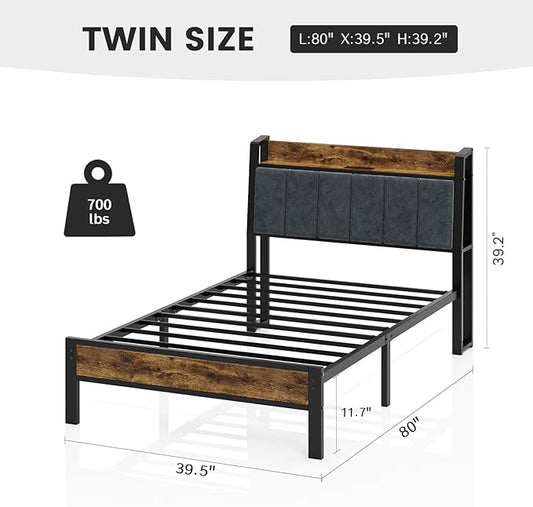 Liians Twin Size Bed Frame with Wood Storage Headboard and USB Charging Station, Smart LED Lights, Metal Platform Bed Frames Easy Assembly, Noise Free, No Box Spring Needed