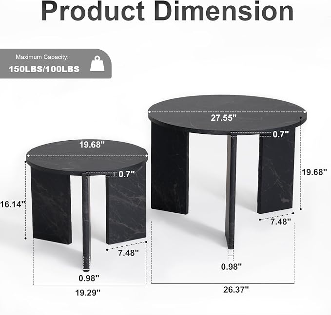 Round Nesting Coffee Tables Set of 2 for Living Room [Interchangeable Height] φ27.6 + φ19.7 Mid Century Modern Circle Side Tables for Bedroom Office Studio Apartment