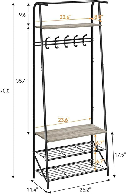 OUTLANE Entryway Hall Tree with 5 Hooks, Shoe Bench & Storage Shelf, Coat Rack Organizer with Wood Accents and Metal Frame for Entryway, Living Room, Bedroom, Gray-Single row