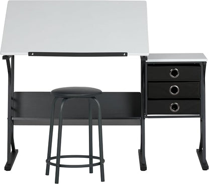 2 Piece Eclipse Ultra Center/Drawing Table with Stool, Angle Adjustable Top, Storage Shelves, and Drawers