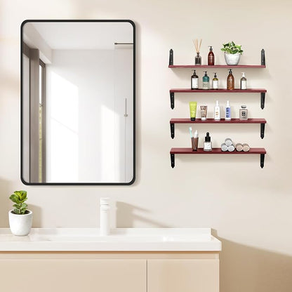 ROMGUAR CRAFT Wood Floating Shelves Set of 4, Rustic Storage Decor Wall Shelves, Wall Mounted Shelf for Living Room, Bedroom 23.6" x 6", Red
