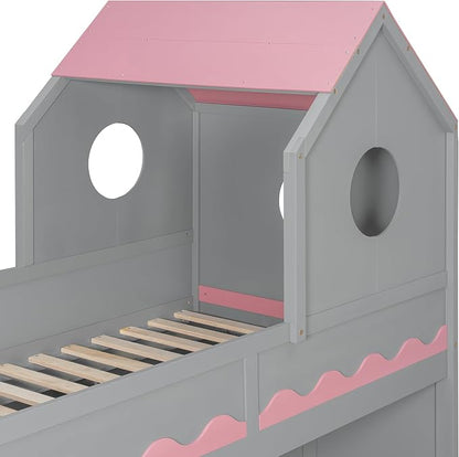 Virubi Twin House Bunk Bed with Stairs and Drawers,Wood Castle Bed with Storage Drawers Shelves& LED Lights (Twin Over Twin,Grey)