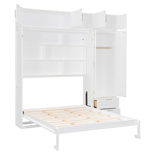 Murphy Bed Queen Size,Murphy Bed with Top Cabinet and Shelves,Space-Saving Multifunctional Hideaway Wall Foldable Bed w/Slat Support,Bedroom Folding Bedframe for Guest Room,White