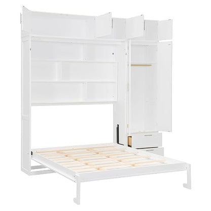Murphy Bed Queen Size,Murphy Bed with Top Cabinet and Shelves,Space-Saving Multifunctional Hideaway Wall Foldable Bed w/Slat Support,Bedroom Folding Bedframe for Guest Room,White