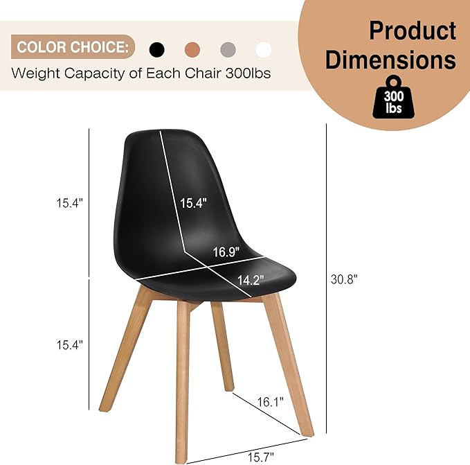 VECELO Dining Chairs Set of 4, Mid-Century Modern Kitchen & Dining Room Chairs, Molded Plastic Seat & Back, Solid Wood Legs, Armless, Non-Slip Feet, Black