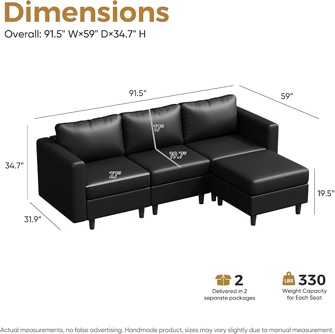 ABCASA Faux Leather Modular Sectional Sofa, 91.5" L Shaped Couch Set for Living Room, 3-Seater Comfy Cloud Couches with Movable Storage Ottoman,DIY Combination - Black