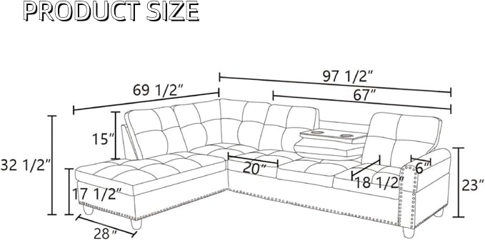 L-Shaped Sectional Sofa, Modern 4-Seat Couch with Built-in Cup Holders, Upholstered Fabric Sectional Couch with Left Facing Chaise for Living Room, Apartment, Office, Black Gray