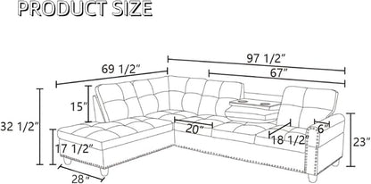 L-Shaped Sectional Sofa, Modern 4-Seat Couch with Built-in Cup Holders, Upholstered Fabric Sectional Couch with Left Facing Chaise for Living Room, Apartment, Office, Black Gray