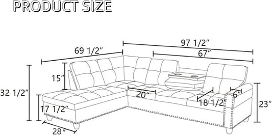 L-Shaped Sectional Sofa, Modern 4-Seat Couch with Built-in Cup Holders, Upholstered Fabric Sectional Couch with Left Facing Chaise for Living Room, Apartment, Office, Black Gray