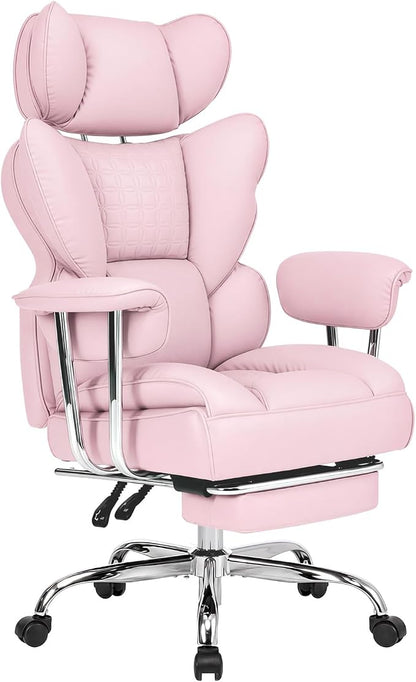 DUMOS Big and Tall Office Chair 400 LBS, Scratch-Resistant PU Leather Executive Office Desk Chair with Footrest, Ergonomic Reclining Computer Chairs with Pocket Spring Support, Pink