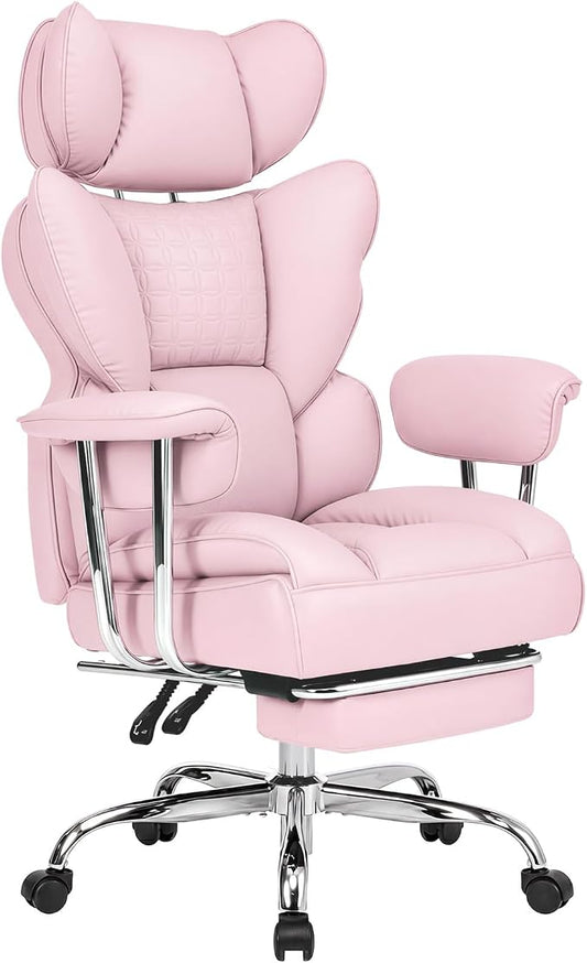DUMOS Big and Tall Office Chair 400 LBS, Scratch-Resistant PU Leather Executive Office Desk Chair with Footrest, Ergonomic Reclining Computer Chairs with Pocket Spring Support, Pink