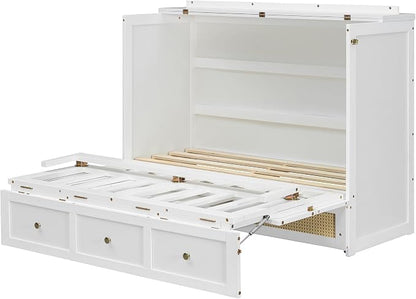 Bellemave Full Murphy Bed with Storage Drawer, Cabinet Bed, Farmhouse Murphy Cabinet with Foldable Panel, Noisy Free, for Guest Bedroom, Living Room, White with Rattan