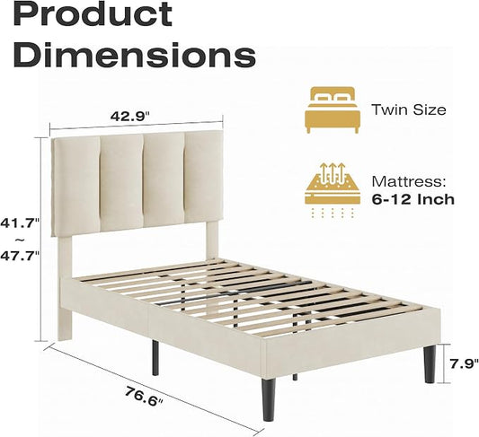 VECELO Twin Size Bed Frame with Upholstered Headboard, Heavy-Duty Bedframe with Wooden Slats & Steel Framework, Easy Assembly, Pale Beige