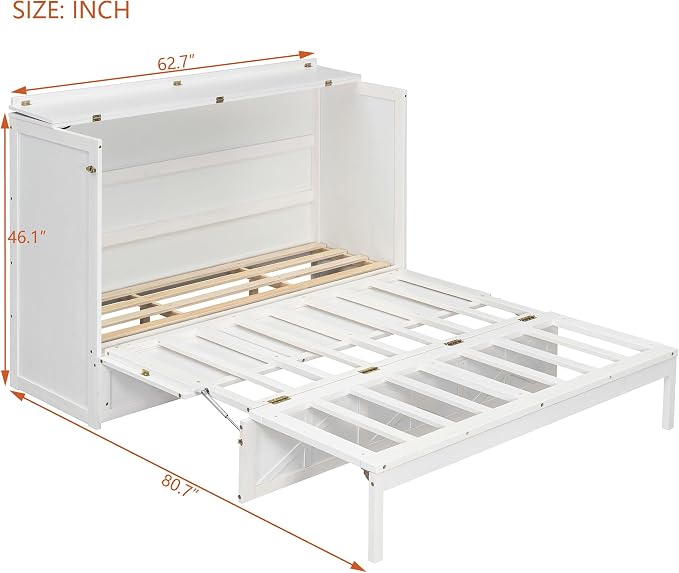 Bellemave Queen Size Murphy Bed, Cabinet Bed with Charging Station and Storage, Farmhouse Murphy Cabinet with Foldable Panel, for Bedroom,Office, Brushed White