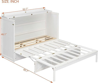 Bellemave Queen Size Murphy Bed, Cabinet Bed with Charging Station and Storage, Farmhouse Murphy Cabinet with Foldable Panel, for Bedroom,Office, Brushed White