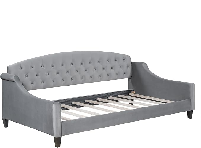 Ball & Cast Twin Size Daybed,Velvet Upholstered Day Bed Frame with Button Tufted Backrest,Modern Sofa Bed for Living Room, Bedroom,Guest Room,No Box Spring Needed,Gray