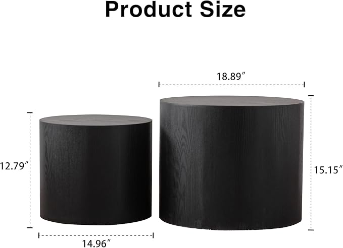 Nesting Round Coffee Table Set of 2, Circle Accent End Table for Small Spaces, Morden Drum Side Table, Wooden Center Table for Living Room, Fully Assembled - Black