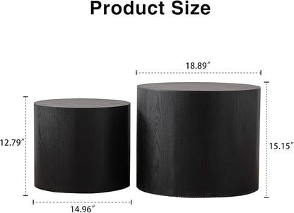 Nesting Round Coffee Table Set of 2, Circle Accent End Table for Small Spaces, Morden Drum Side Table, Wooden Center Table for Living Room, Fully Assembled - Black