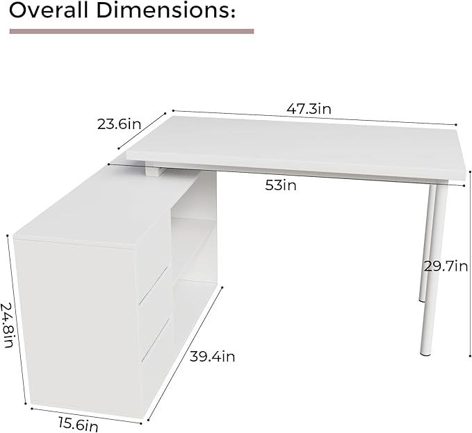 Home Office Computer Desk Corner Desk with 3 Drawers and 2 Shelves, 53-inch L-Shaped Study Desk with Storage, White