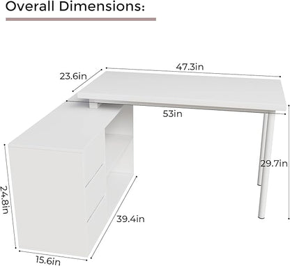 Home Office Computer Desk Corner Desk with 3 Drawers and 2 Shelves, 53-inch L-Shaped Study Desk with Storage, White