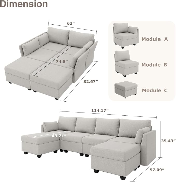 Huatean Home 114.17" Modular Sectional Sofa, 6 Seat Modular Couch with Storage, Memory Foam, Convertible Sectional Couches for Living Room, U Shaped Comfy Modular Sofa with Chaise, Light Grey
