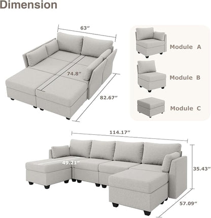 Huatean Home 114.17" Modular Sectional Sofa, 6 Seat Modular Couch with Storage, Memory Foam, Convertible Sectional Couches for Living Room, U Shaped Comfy Modular Sofa with Chaise, Light Grey
