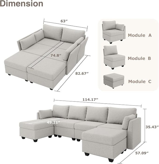 Huatean Home 114.17" Modular Sectional Sofa, 6 Seat Modular Couch with Storage, Memory Foam, Convertible Sectional Couches for Living Room, U Shaped Comfy Modular Sofa with Chaise, Light Grey