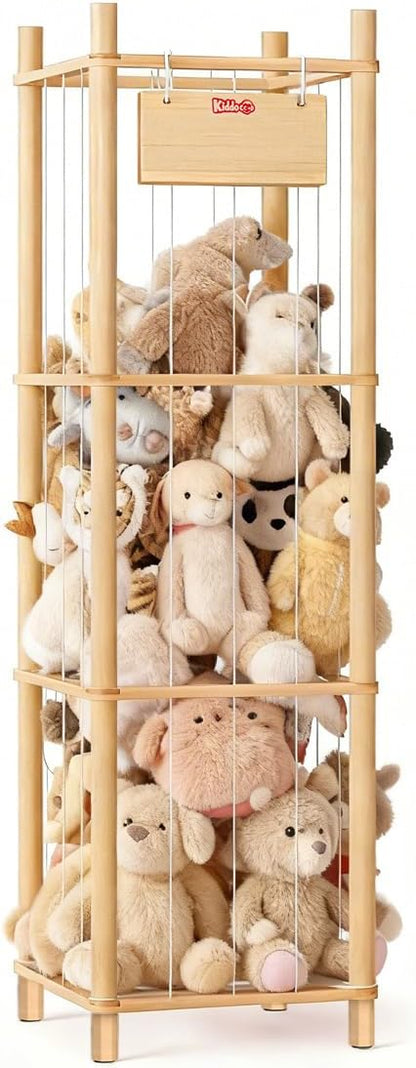KiddoCood Kids CPC & TIC Certified Stuffed Animal Storage - 3-Tier Large Natural Solid Wood Plush Toy Organizer & Holder, Corner Solution for Playroom & Nursery, BPA-Free & Zero Glue, 53" H