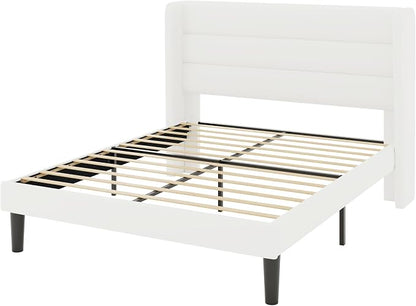 Allewie Queen Size Platform Bed Frame with Velvet Upholstered Wingback Headboard, No Box Spring Needed, Under Bed Storage Space, Strong Wooden Slats, Modern Mattress Foundation, Easy Assembly, White