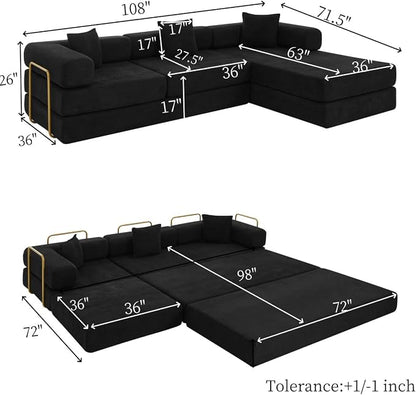 HANXIN 108" Modular Sectional Sofa,Futon Convertible Sofa Bed,Oversized Corduroy Boneless Couch for Living Room,Floor Loveseat Sleeper with Pull Out Bed,Free Combination,No Assembly Required (Black)