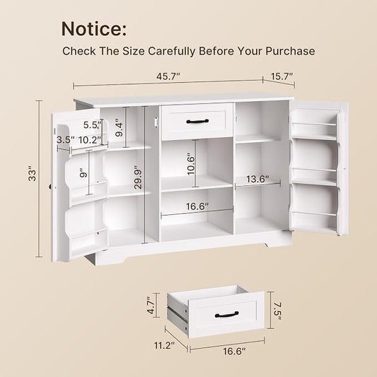 Gizoon 45" Kitchen Sideboard Buffet Cabinet with Storage Coffee Bar Cabinet with Drawer, Kitchen Pantry Storage with Door and Shelves for Bathroom and Living Room, White